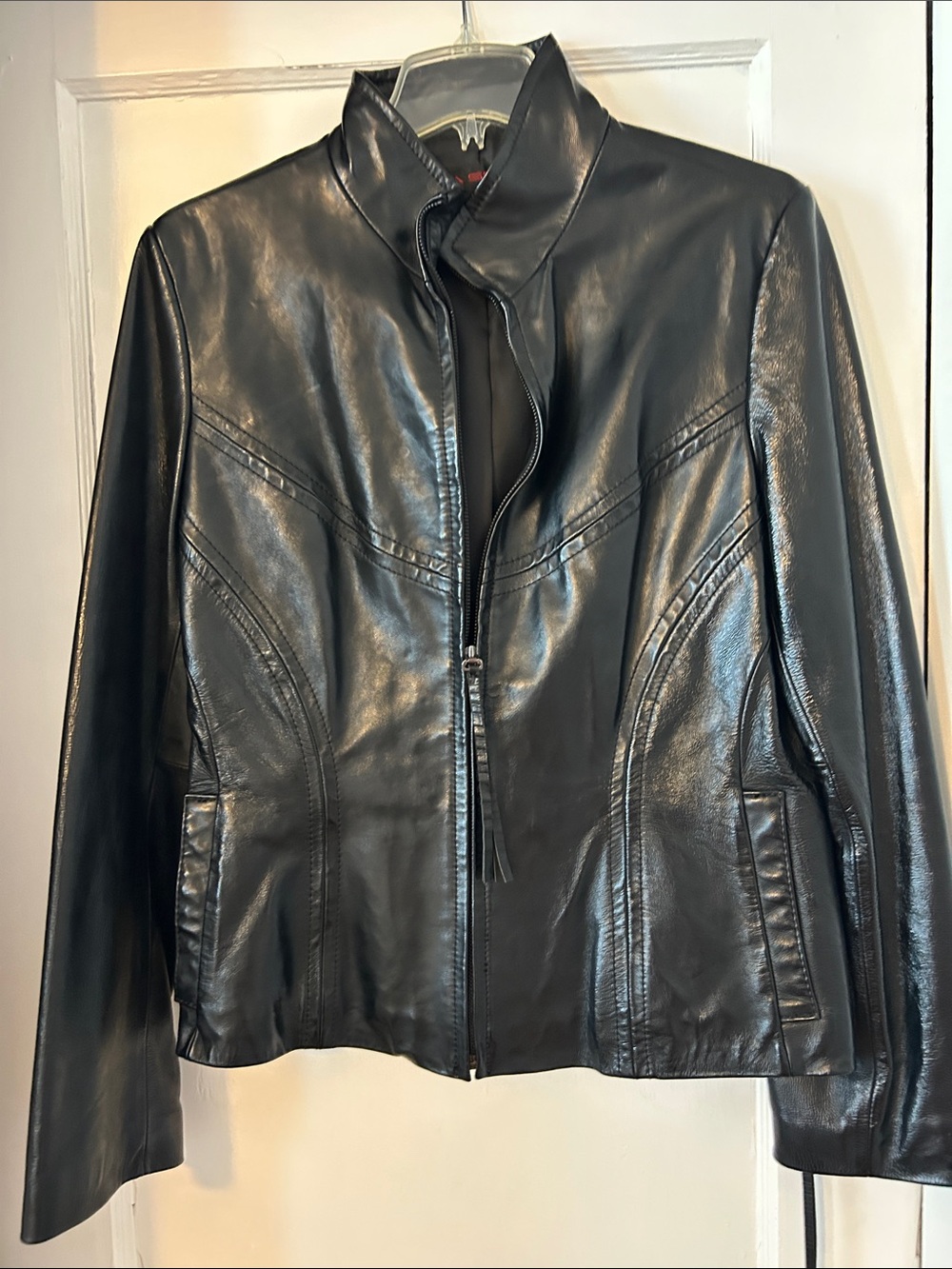 Via Spiga Black Leather Zip Jacket with Stand Collar